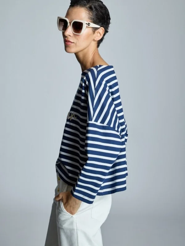 CAMISETA RAYAS Y FLORES MANGA TRES CUARTOS