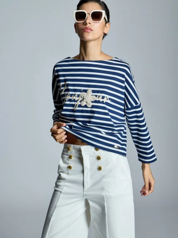 CAMISETA RAYAS Y FLORES MANGA TRES CUARTOS