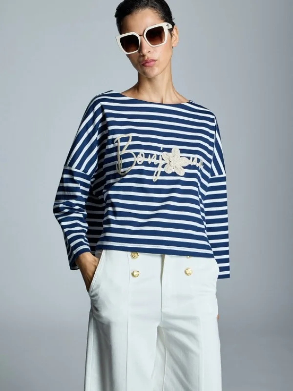 CAMISETA RAYAS Y FLORES MANGA TRES CUARTOS