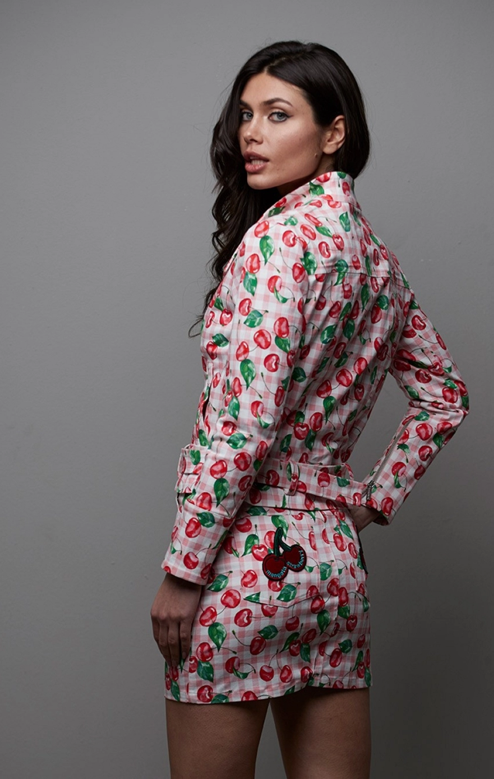 CHAQUETA BIKER DENIM VICHY CEREZAS MANGATA