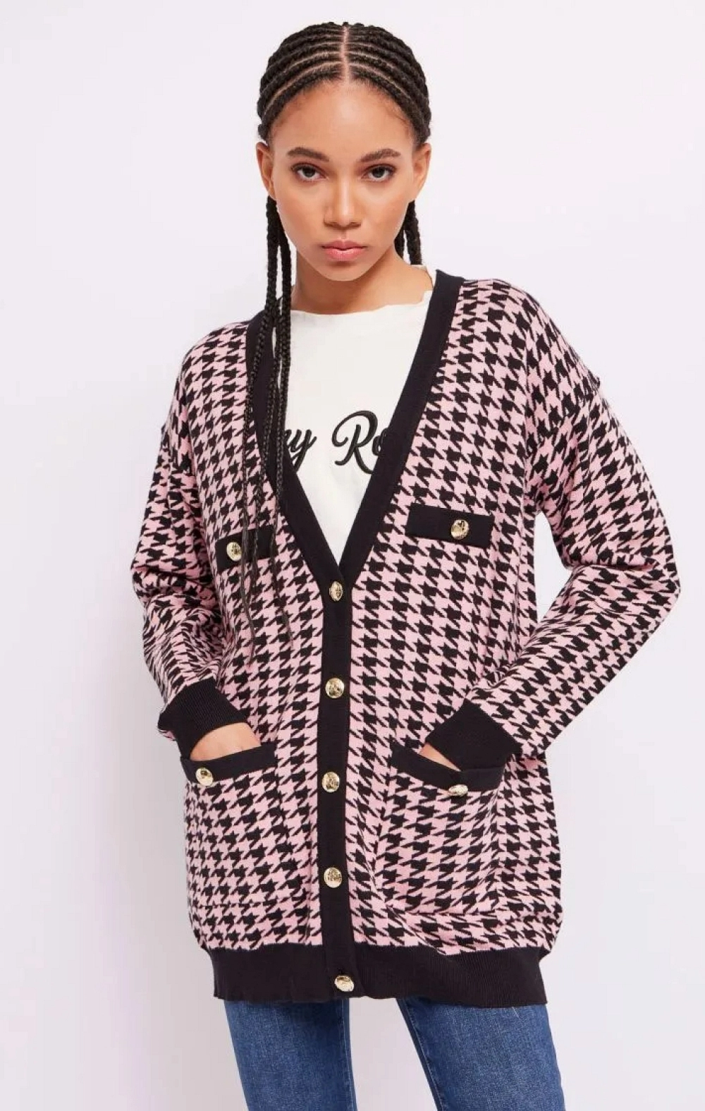 CHAQUETA PUNTO PATA DE GALLO ROSA