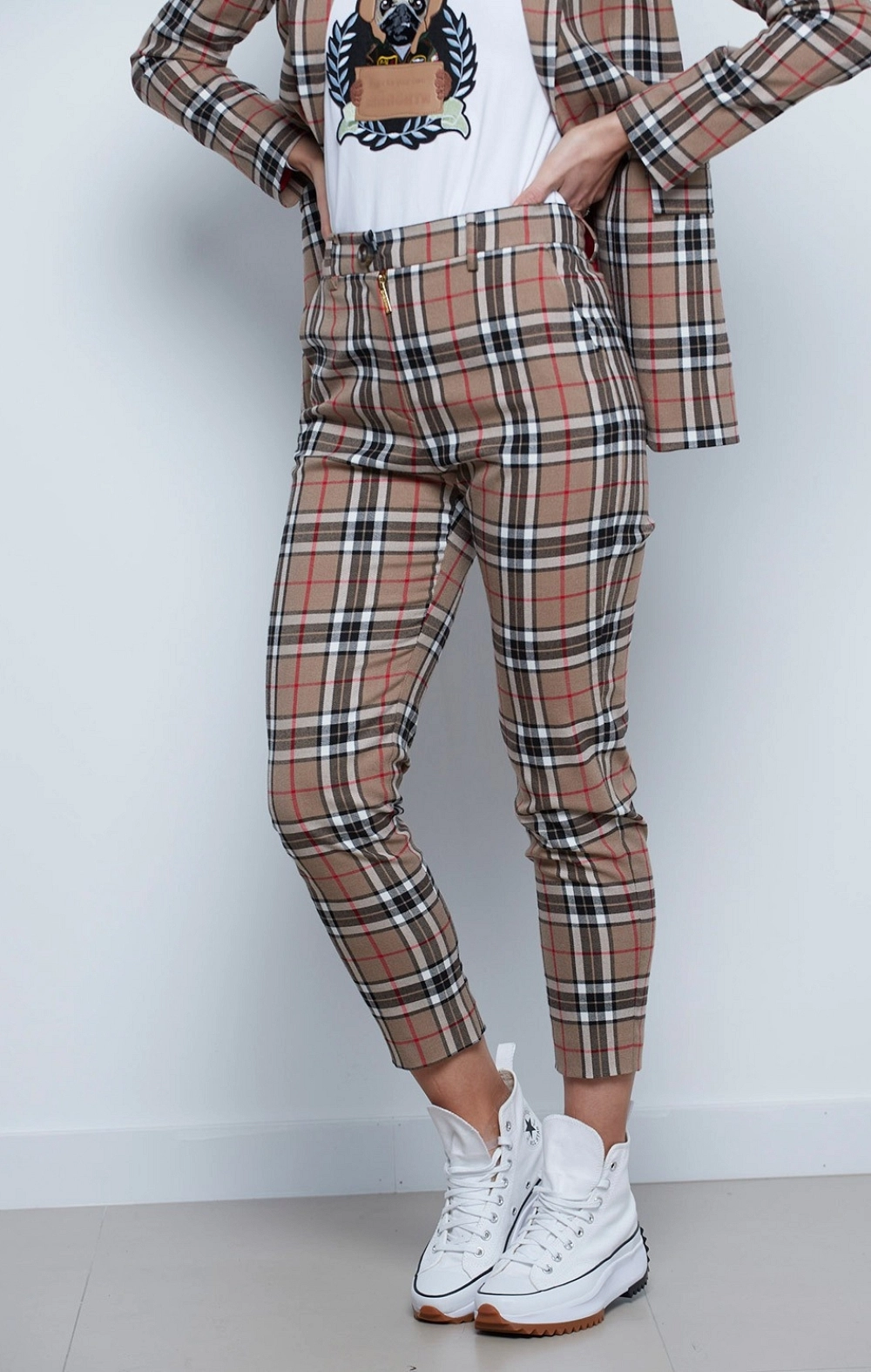 PANTALON RECTO CUADROS CAMEL/ROJO MANGATA
