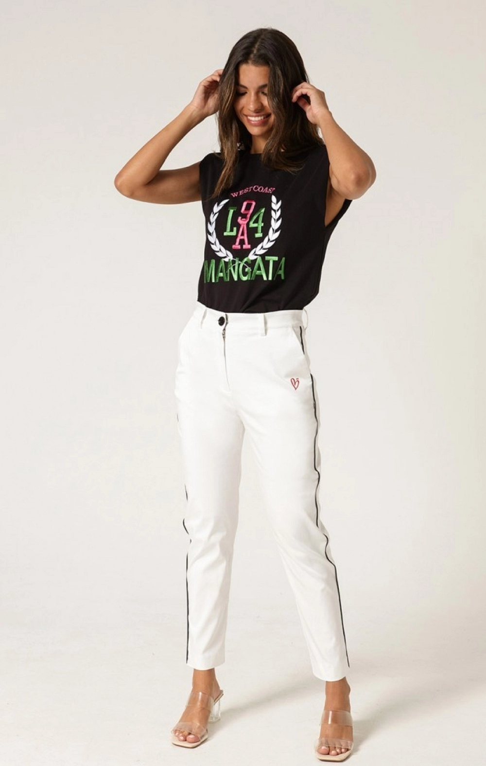 PANTALON SASTRE ROMA BLANCO CON VIVOS NEGROS