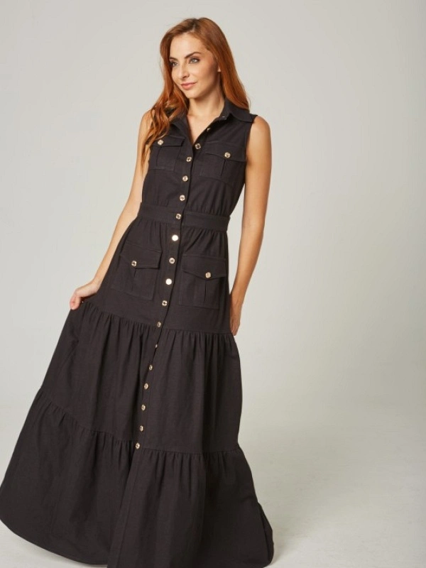 VESTIDO CAMISERO LARGO DENIM NEGRO MANGATA