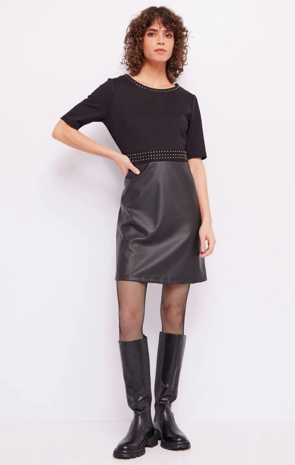 VESTIDO NEGRO MITAD POLIPIEL MITAD TELA