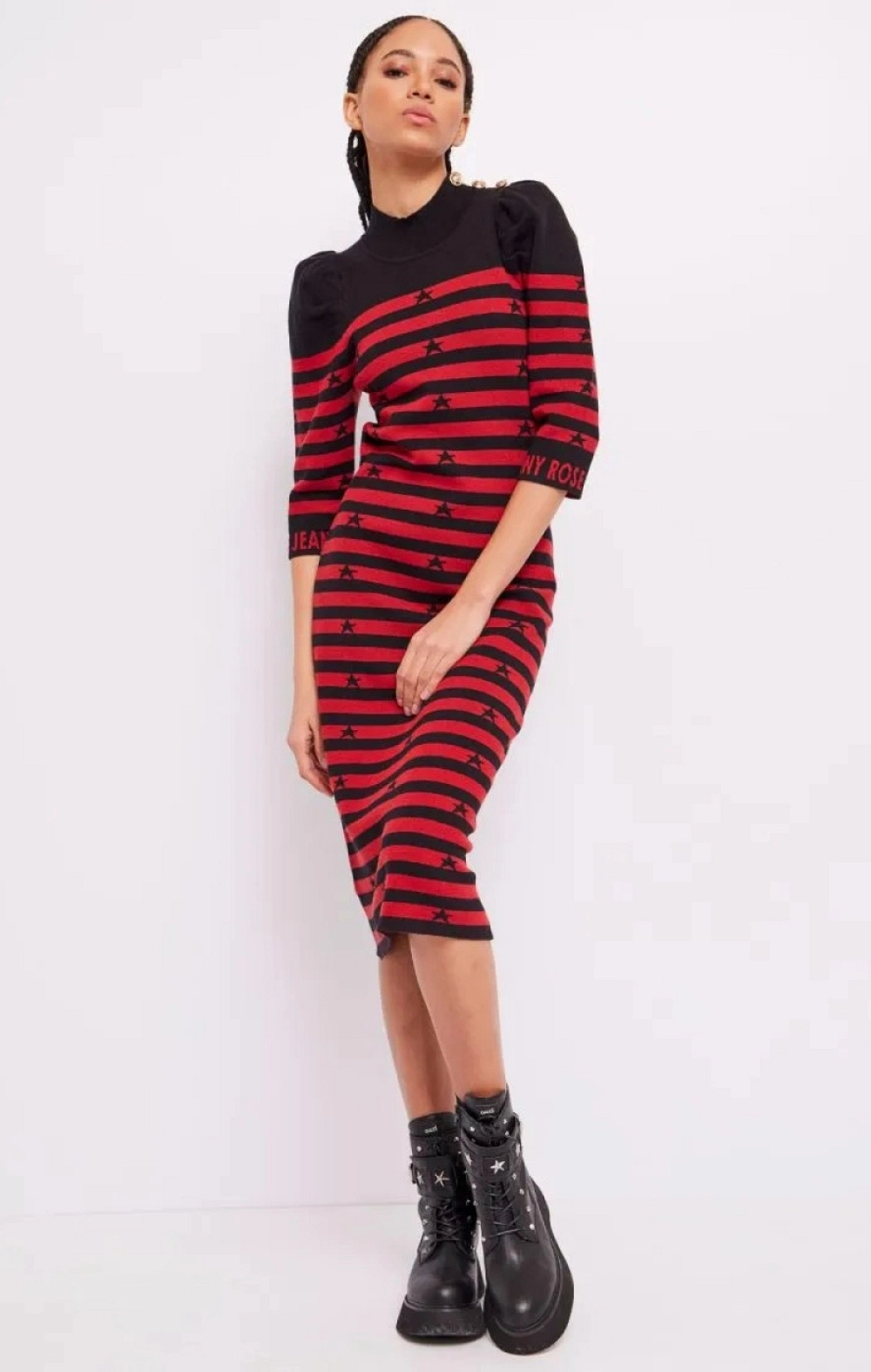 VESTIDO RAYAS ROJAS Y NEGRAS VOLANTES KoKoe Oficial